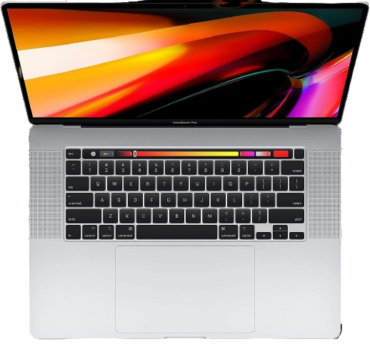 An open Apple Macbook Pro showing the keyboard and screen with a colorful wallpaper.