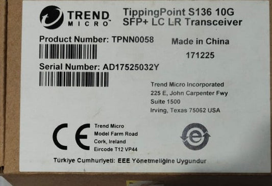 Trend Micro TippingPoint S136 10G SFP+ LC LR Transceiver – Open Box | Enterprise 10G Optical Module