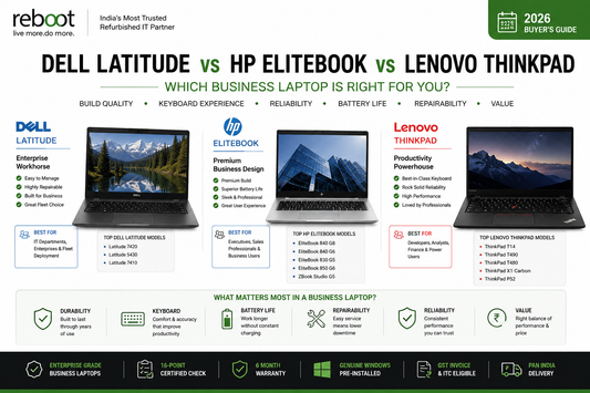 Dell Latitude vs HP EliteBook vs Lenovo ThinkPad — 2026 refurbished business laptop buyer's guide from Reboot Systems India