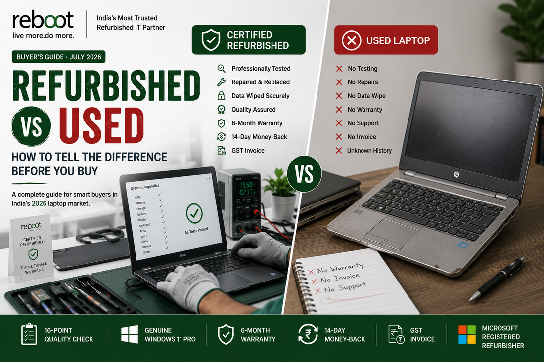 Refurbished vs Used laptop — how to tell the difference before buying in India 2026, buyer's guide from Reboot Systems India