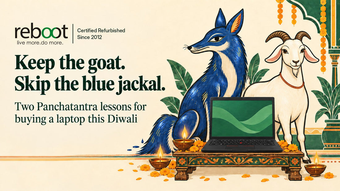 Folk-art illustration of the Panchatantra blue jackal and goat beside a ThinkPad laptop on a carved chowki with diyas: Keep the goat, skip the blue jackal