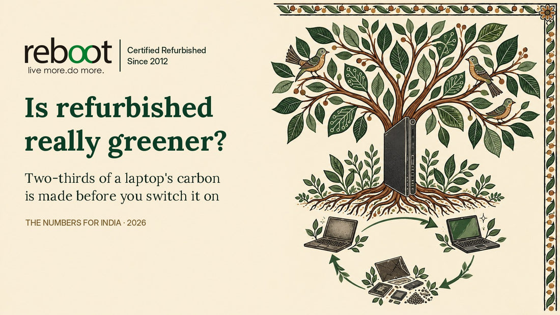 Folk-art tree of life with a laptop as its trunk and a reuse-and-recycle loop at its roots: Is refurbished really greener?