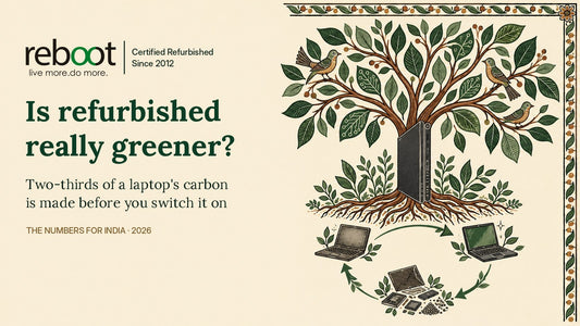 Folk-art tree of life with a laptop as its trunk and a reuse-and-recycle loop at its roots: Is refurbished really greener?