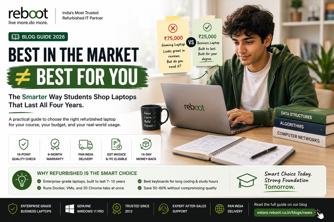 Best in the market ≠ Best for you — Refurbished laptop guide for Indian students 2026 comparing ₹75,000 gaming laptop vs ₹25,000 business laptop, from Reboot Systems India