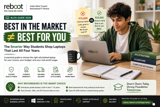 Best in the market ≠ Best for you — Refurbished laptop guide for Indian students 2026 comparing ₹75,000 gaming laptop vs ₹25,000 business laptop, from Reboot Systems India