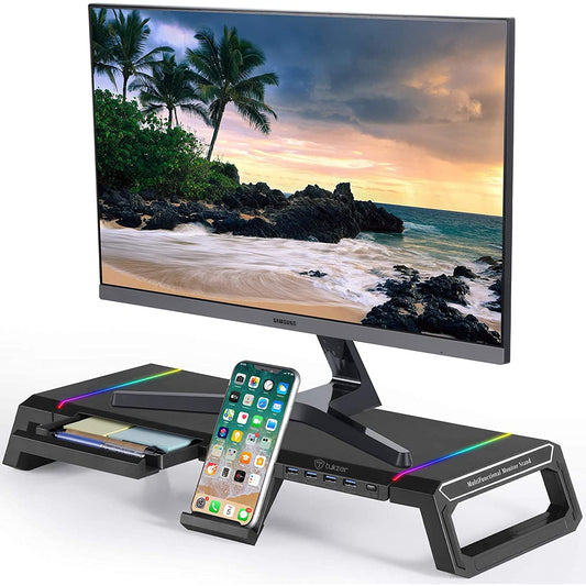 Tukzer Monitor Stand Riser for Up to 27″(68.5cm) Computer Screens, iMac, RGB Computer Monitor Riser USB 2.0 HUB
