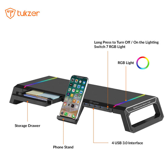 Tukzer Monitor Stand Riser for Up to 27″(68.5cm) Computer Screens, iMac, RGB Computer Monitor Riser USB 2.0 HUB